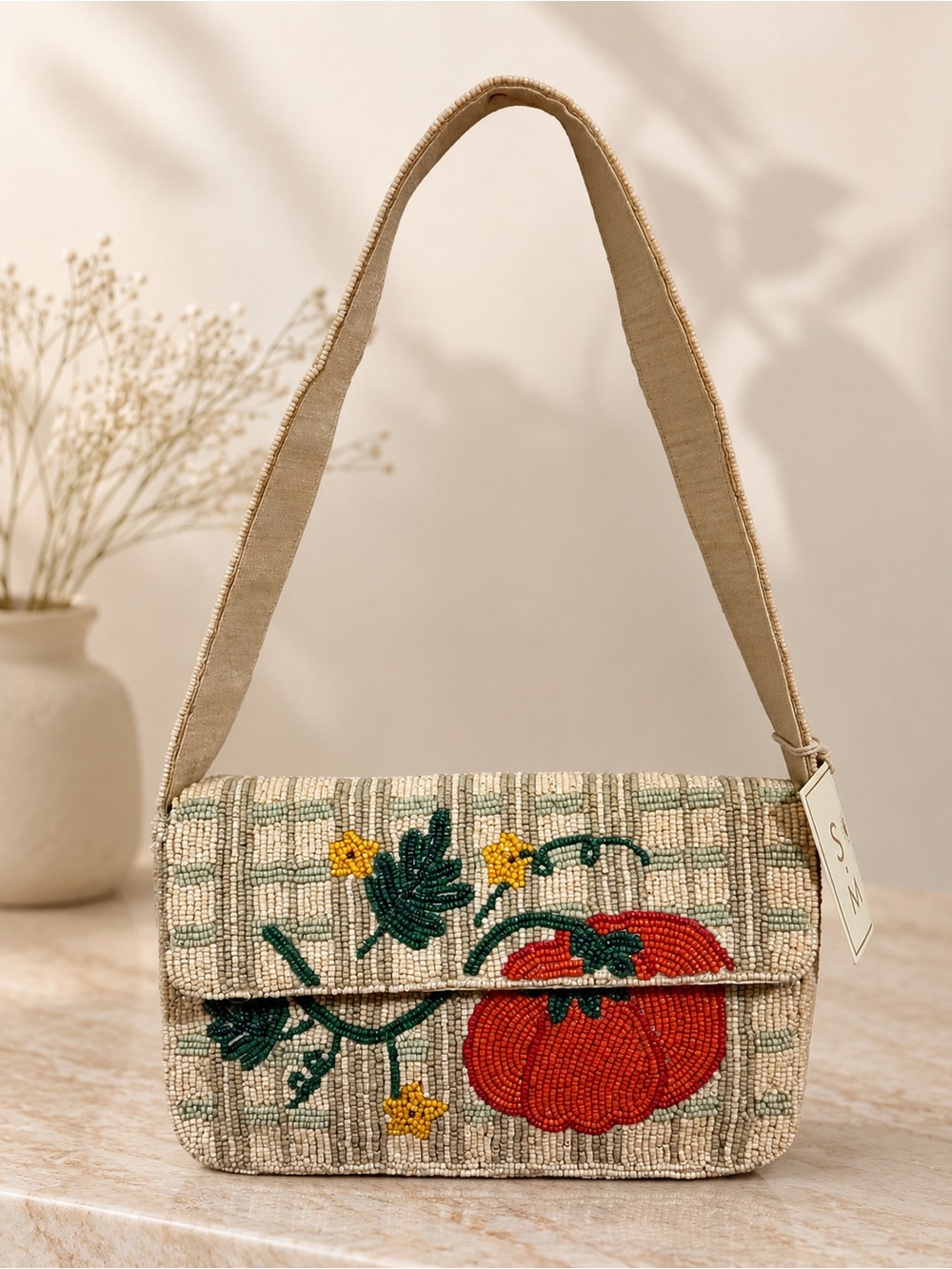 Beaded Plaid Pumpkin Shoulder Bag